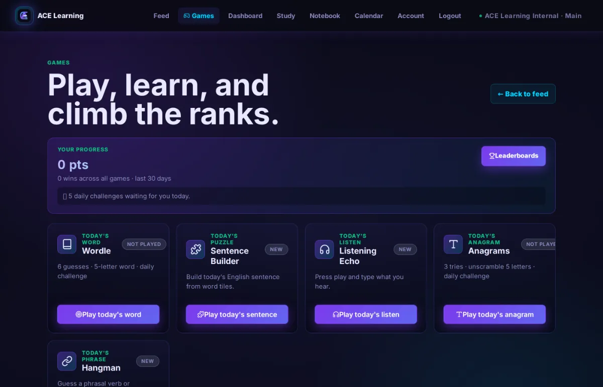 Games hub with the five daily ESL challenges