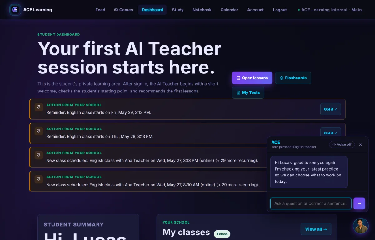 Student dashboard with the ACE AI teacher chat open